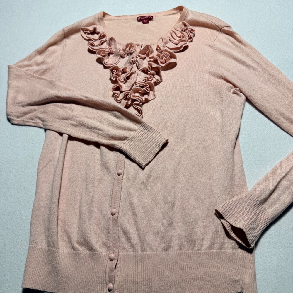 Merona Pink Textured Cardigan XL Ruffle Front Button Sweater